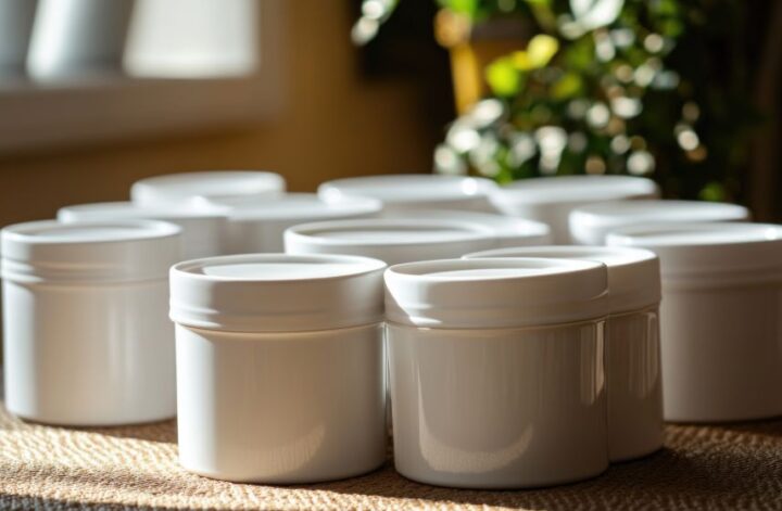 A collection of identical white plastic containers with lids arranged on a textured surface.